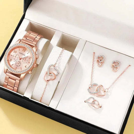 6PCS Rose Gold Luxury Women’s Watch Jewelry Set - Shop Dealza