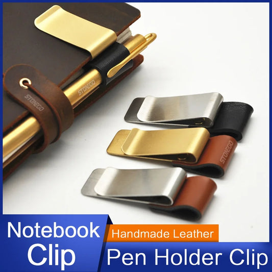 STONEGO Leather Brass Pen Holder Clip Notebook Office