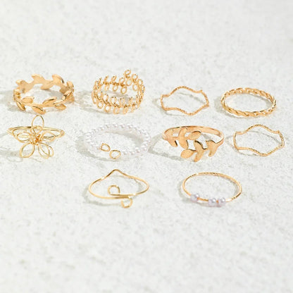 Bohemian Wave Flower Rings Set Vintage Geometric Pearl