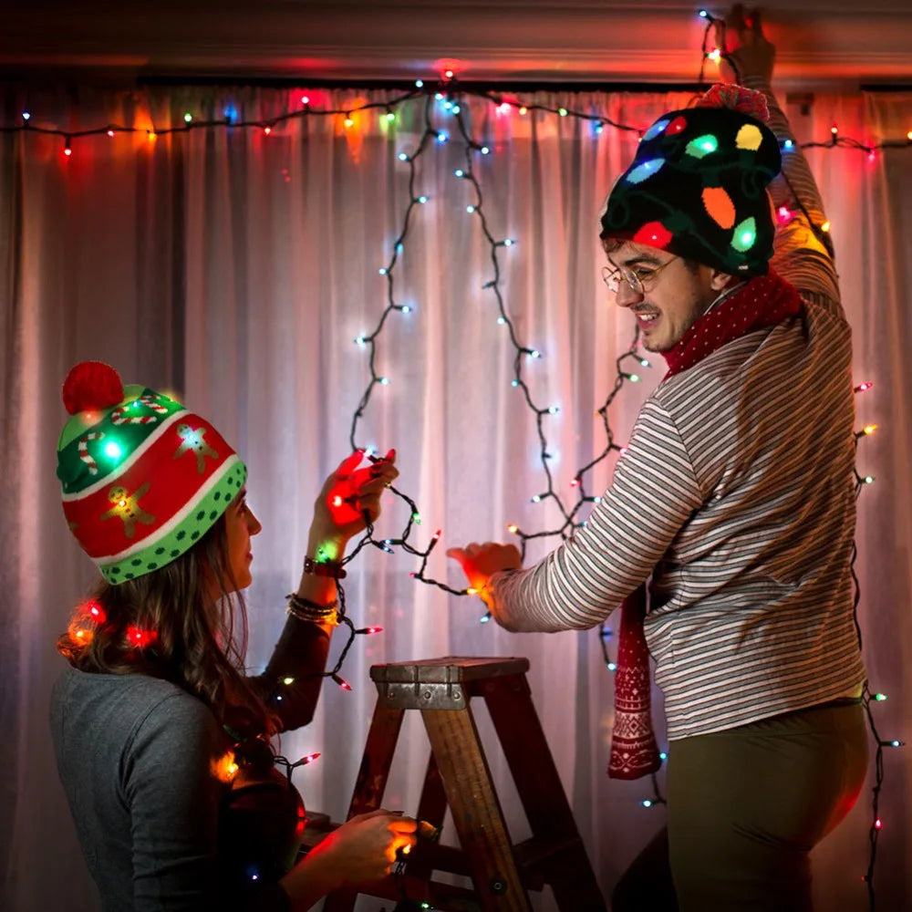 LED Christmas Hat Beanie Warm Light-Up Snowman Patterns