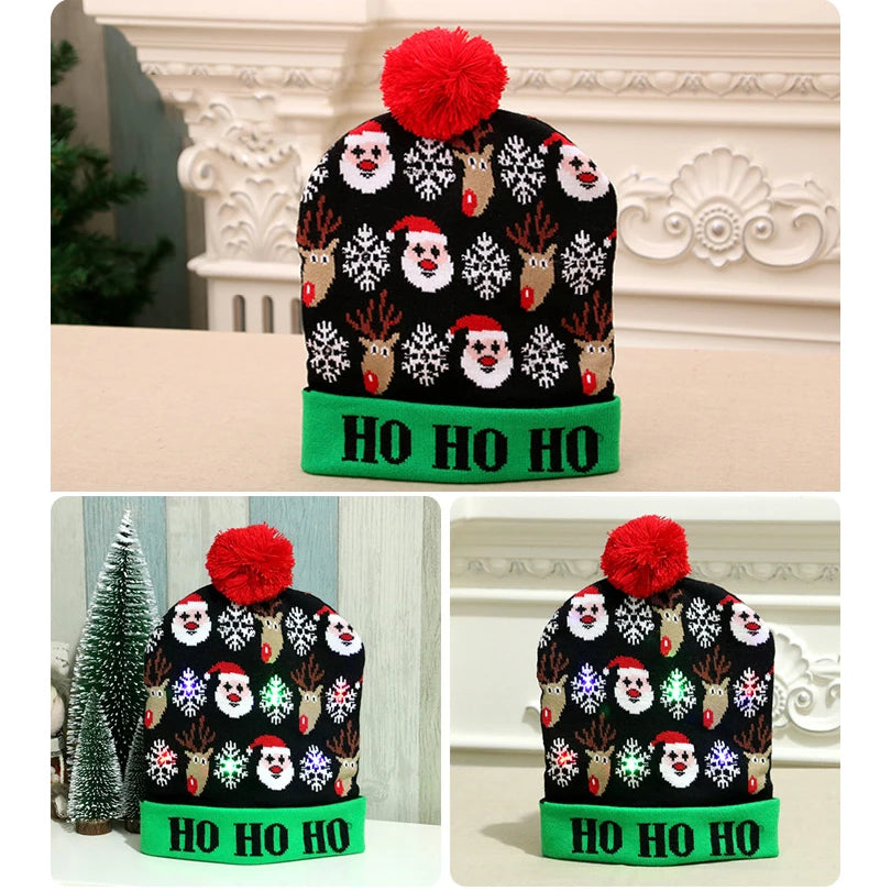 LED Christmas Hat Beanie Warm Light-Up Snowman Patterns