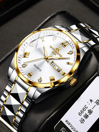 Luxury Men’s Silver Stainless Steel Quartz Watch Business Calendar