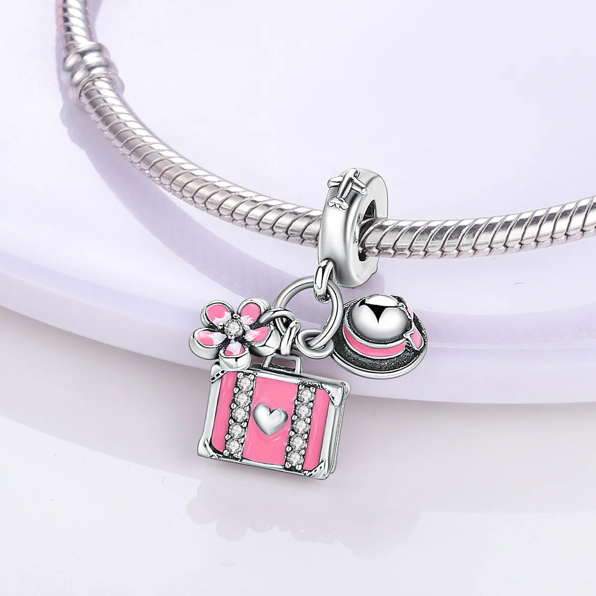 Pink Silver Plated Butterfly Flower Charm Beads for DIY