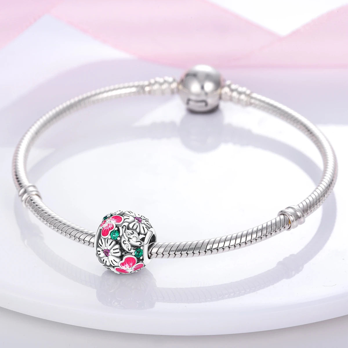 Pink Silver Plated Butterfly Flower Charm Beads for DIY