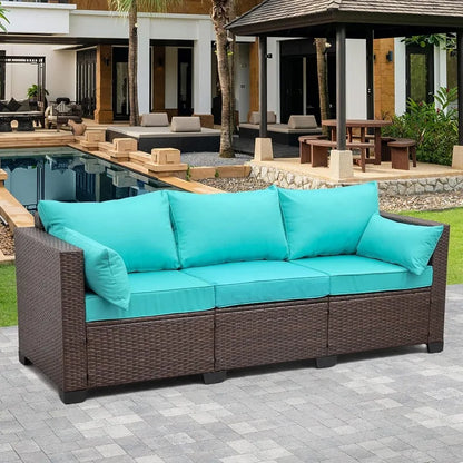 WAROOM Patio Couch PE Wicker 3-Seat Outdoor Brown Rattan Sofa Deep Seating Furniture with Non-Slip Beige Cushion