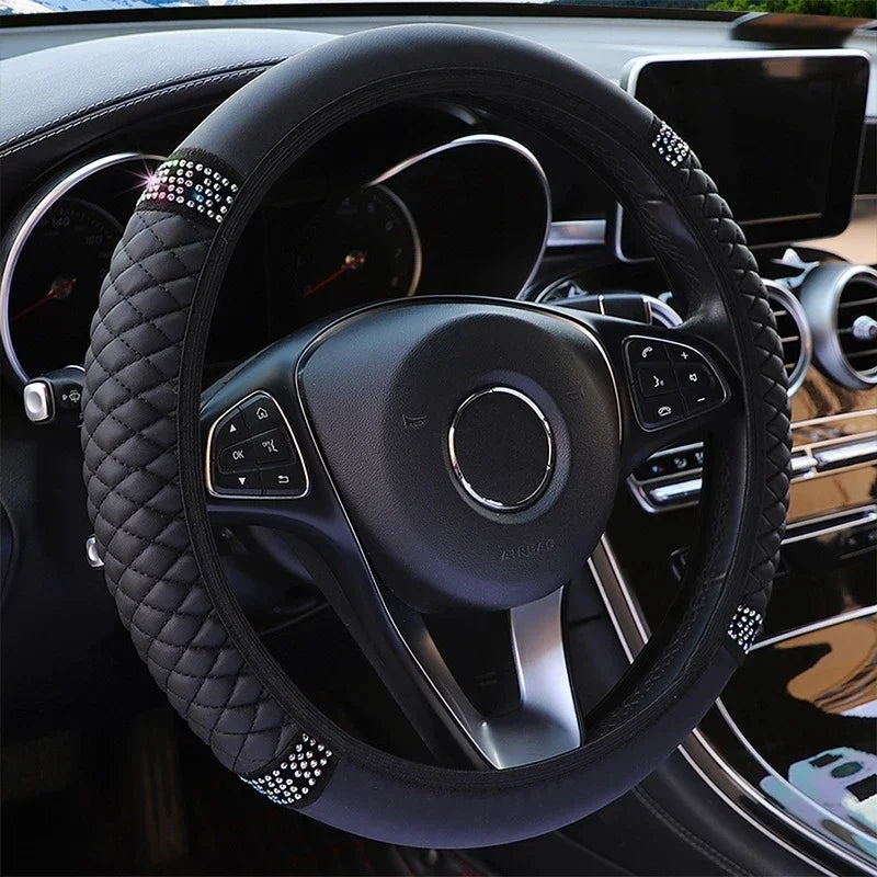 Universal Leather Diamond-Studded Steering Wheel Cover