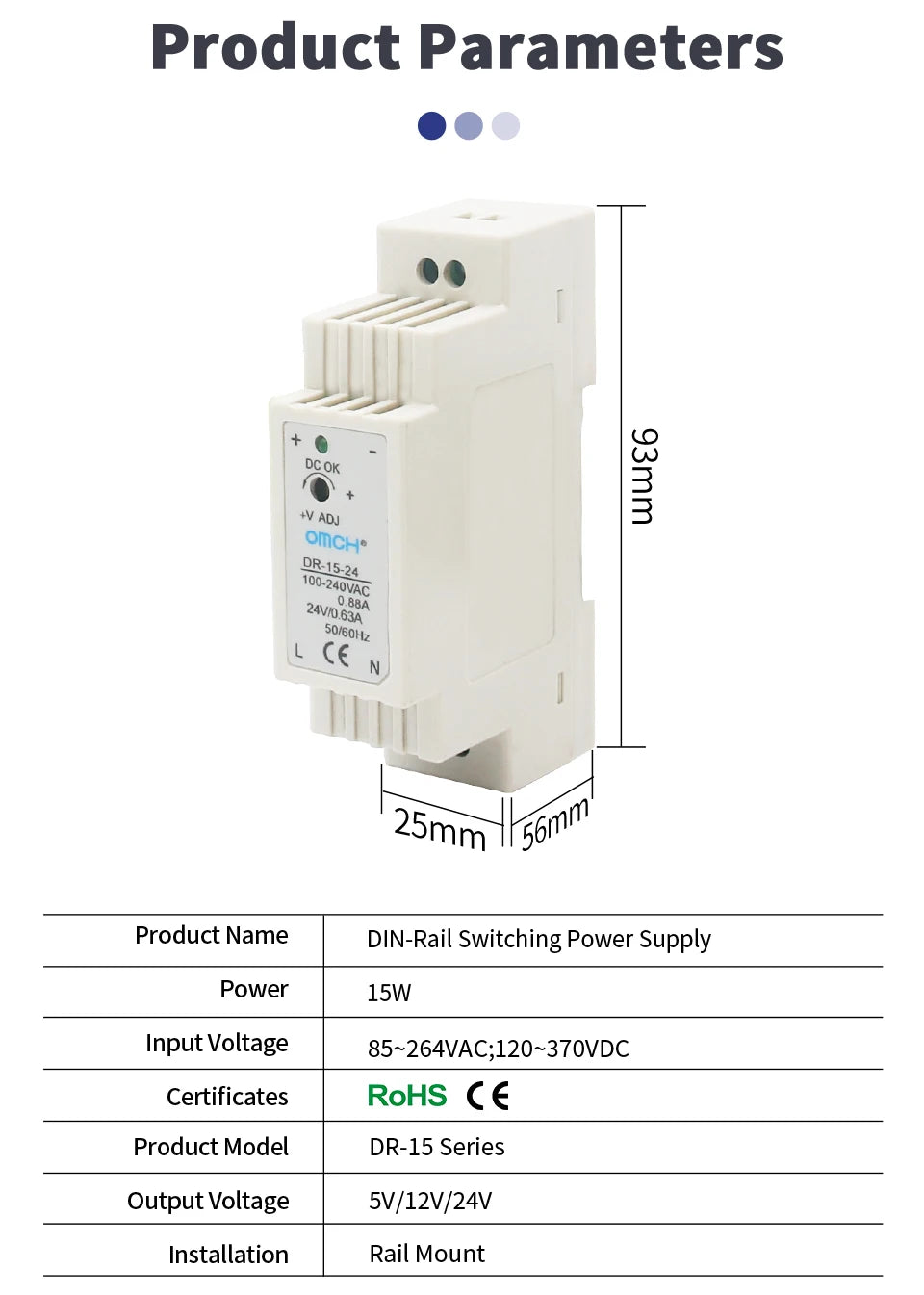 DIN-Rail Switching Power Supply DR-15 30 45 60 DC 5V 12V 24V