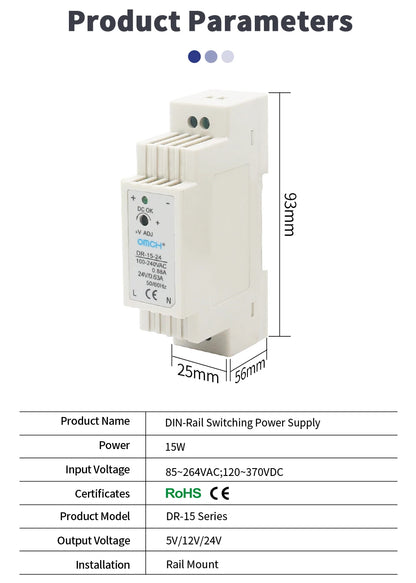 DIN-Rail Switching Power Supply DR-15 30 45 60 DC 5V 12V 24V