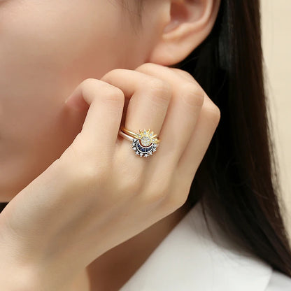 Original 925 Sterling Silver Ring Heart Sun Moon CZ