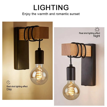 Retro Wood LED Wall Lamp Industrial Loft Decor