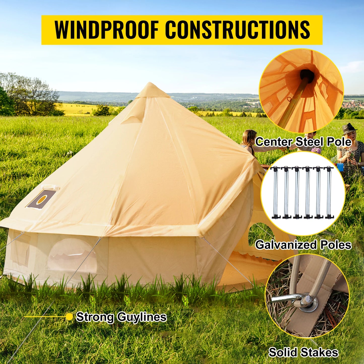 VEVOR 3-7m Waterproof Cotton Canvas Bell Tent Family Yurt