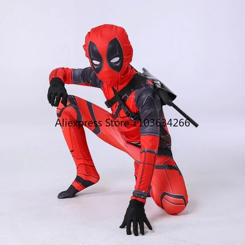 Adult Deadpool Costume Men Women Kids Mask Jumpsuit Set