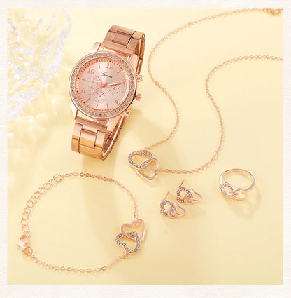 6PCS Rose Gold Luxury Women’s Watch Jewelry Set