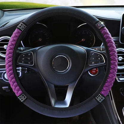 Universal Leather Diamond-Studded Steering Wheel Cover