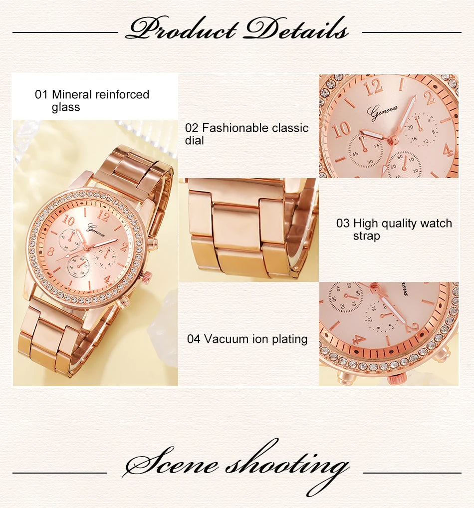 6PCS Rose Gold Luxury Women’s Watch Jewelry Set