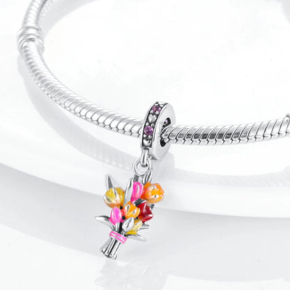 Pink Silver Plated Butterfly Flower Charm Beads for DIY