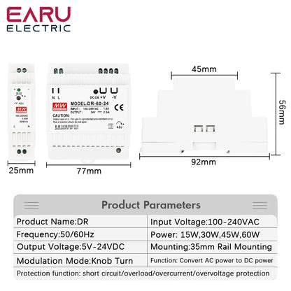 15W-60W Industrial DIN Rail Power Supply 5V 12V 24V