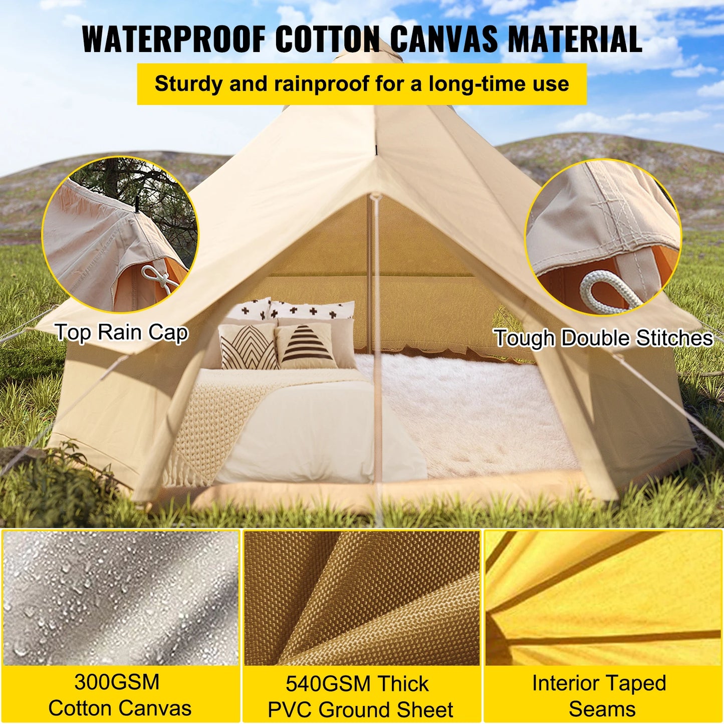 VEVOR 3-7m Waterproof Cotton Canvas Bell Tent Family Yurt