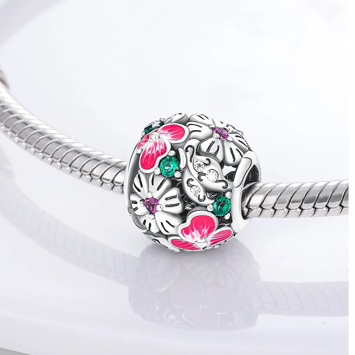 Pink Silver Plated Butterfly Flower Charm Beads for DIY