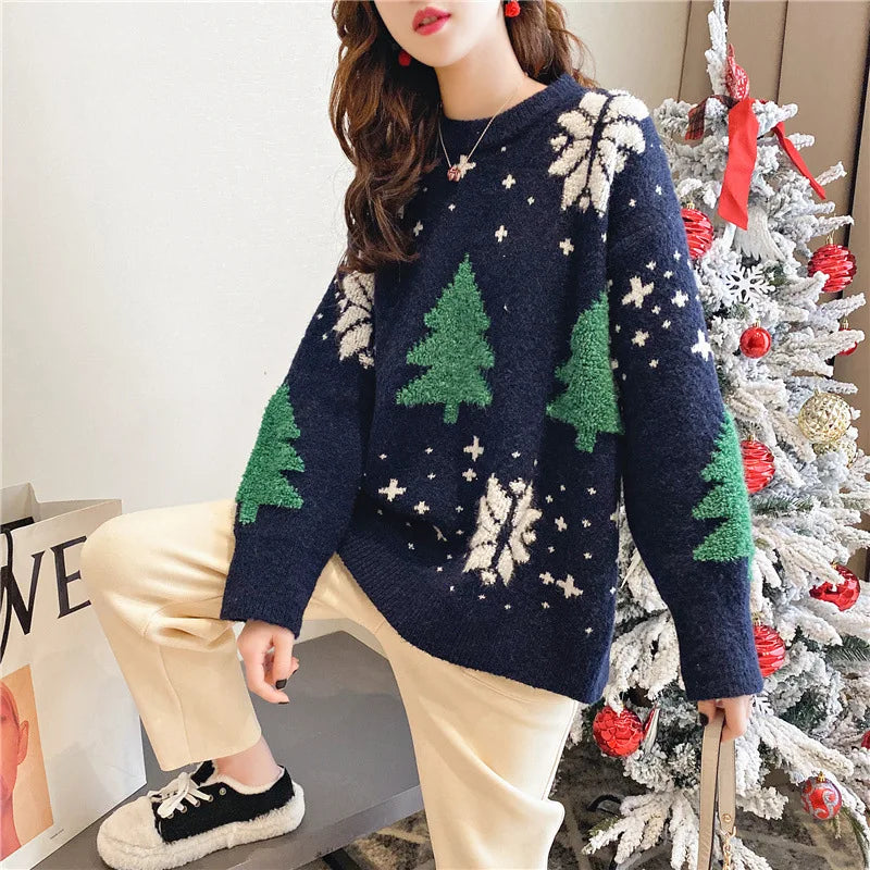 2024 Korean Thick Christmas Sweater Women Snowflake Hoodie