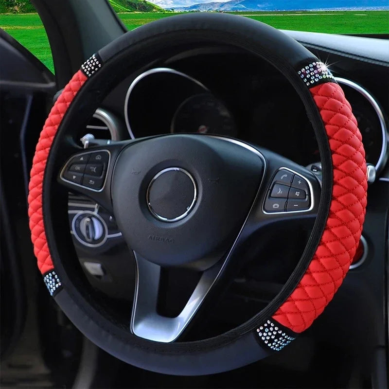 Universal Leather Diamond-Studded Steering Wheel Cover