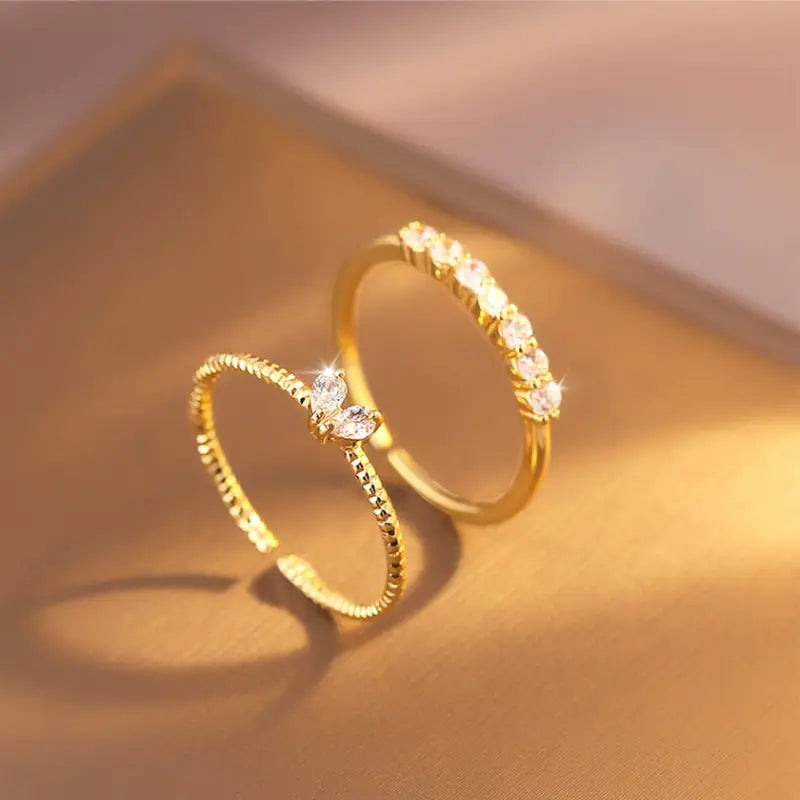 2pcs Gold Heart Zircon Rings Set Women’s Luxury Fashion