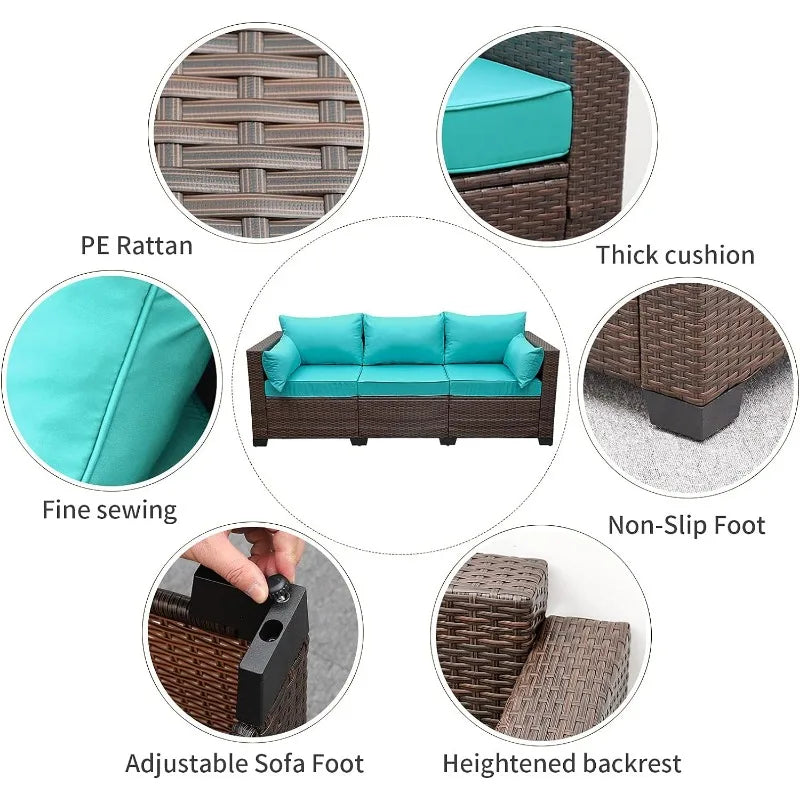 WAROOM Patio Couch PE Wicker 3-Seat Outdoor Brown Rattan Sofa Deep Seating Furniture with Non-Slip Beige Cushion