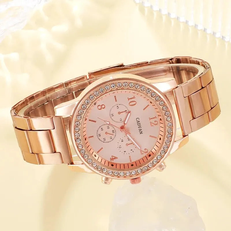 6PCS Rose Gold Luxury Women’s Watch Jewelry Set