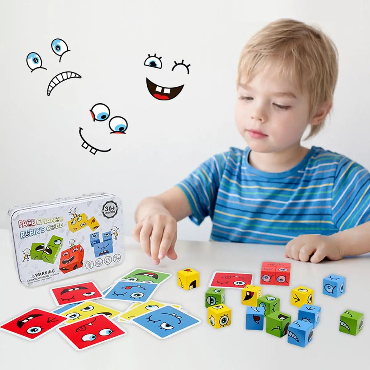 Kids Emotions Wooden Cube Face Changing Board Montessori Puzzle Game