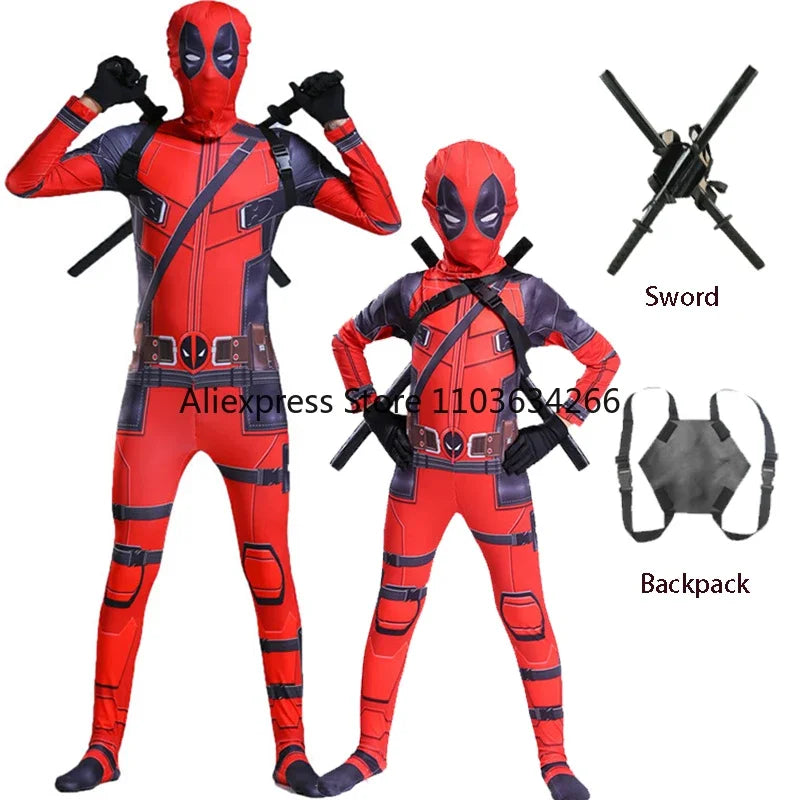 Adult Deadpool Costume Men Women Kids Mask Jumpsuit Set