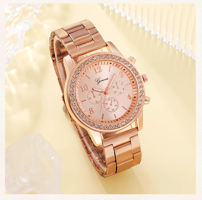 6PCS Rose Gold Luxury Women’s Watch Jewelry Set