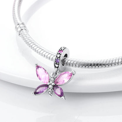 Pink Silver Plated Butterfly Flower Charm Beads for DIY