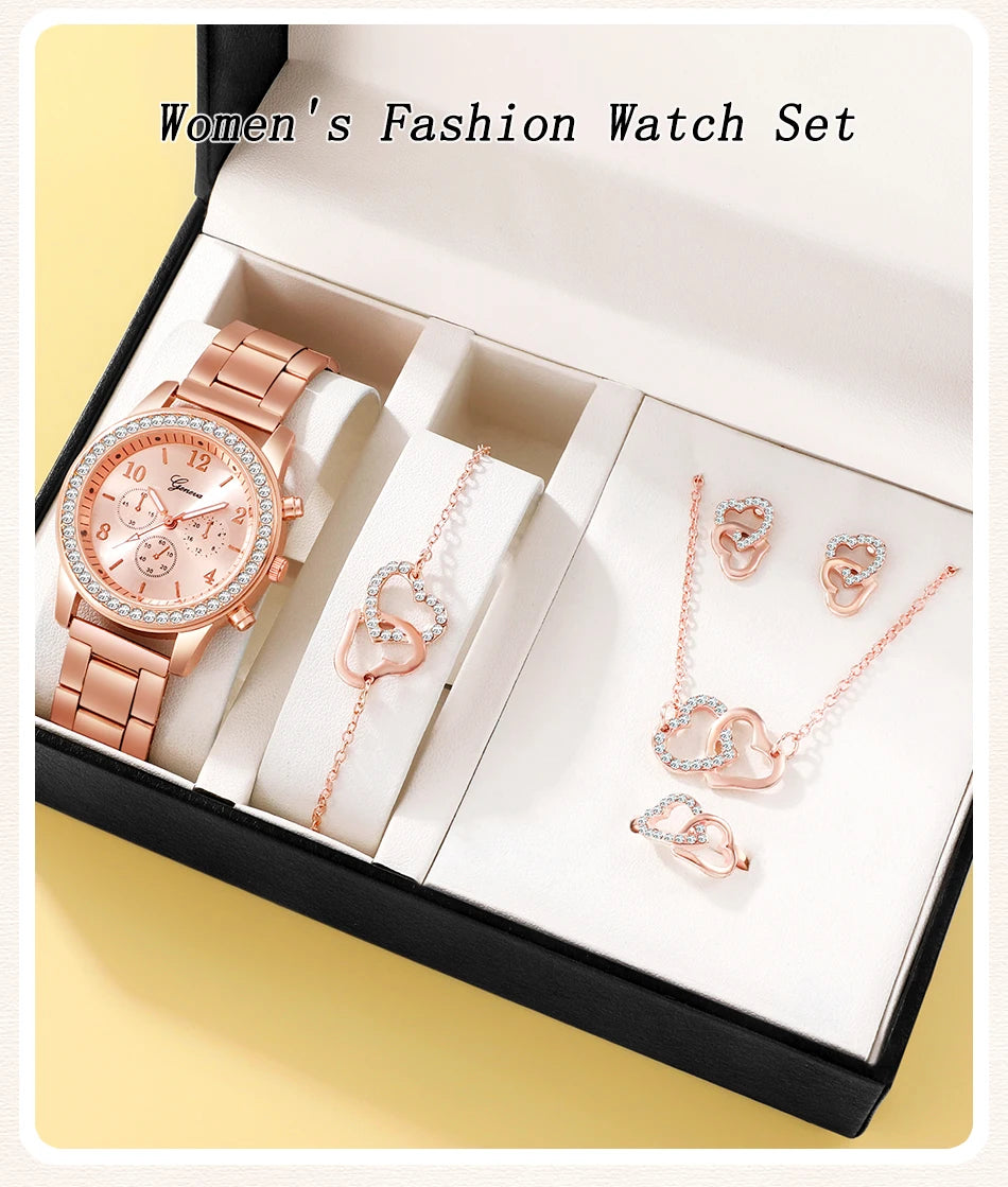 6PCS Rose Gold Luxury Women’s Watch Jewelry Set