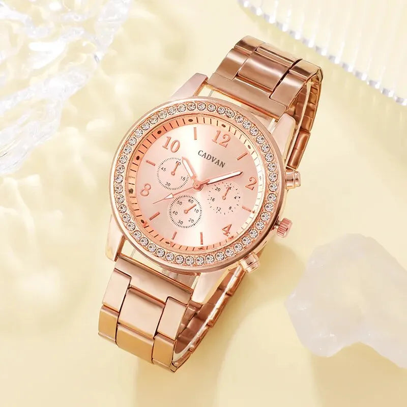 6PCS Rose Gold Luxury Women’s Watch Jewelry Set