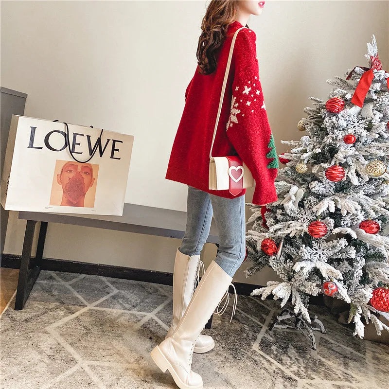 2024 Korean Thick Christmas Sweater Women Snowflake Hoodie