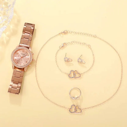 6PCS Rose Gold Luxury Women’s Watch Jewelry Set