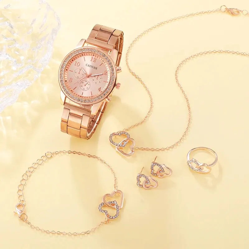 6PCS Rose Gold Luxury Women’s Watch Jewelry Set