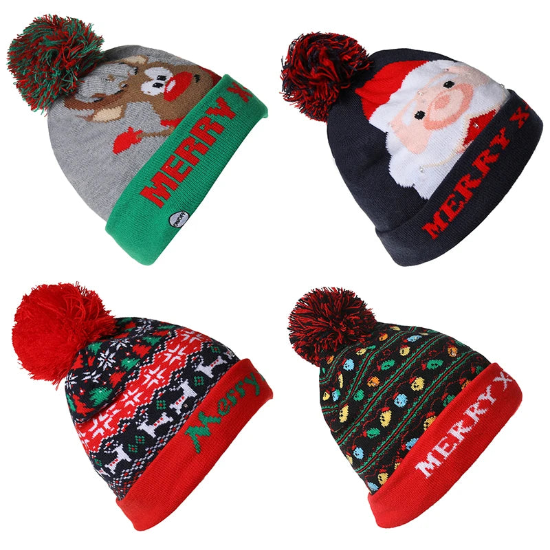 LED Christmas Hat Beanie Warm Light-Up Snowman Patterns