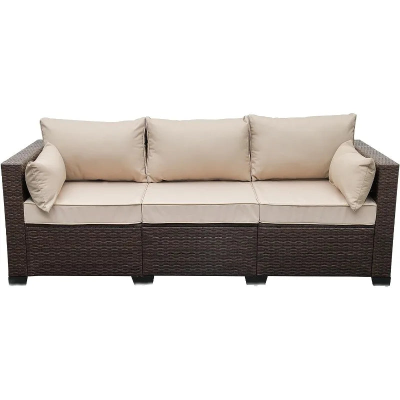 WAROOM Patio Couch PE Wicker 3-Seat Outdoor Brown Rattan Sofa Deep Seating Furniture with Non-Slip Beige Cushion