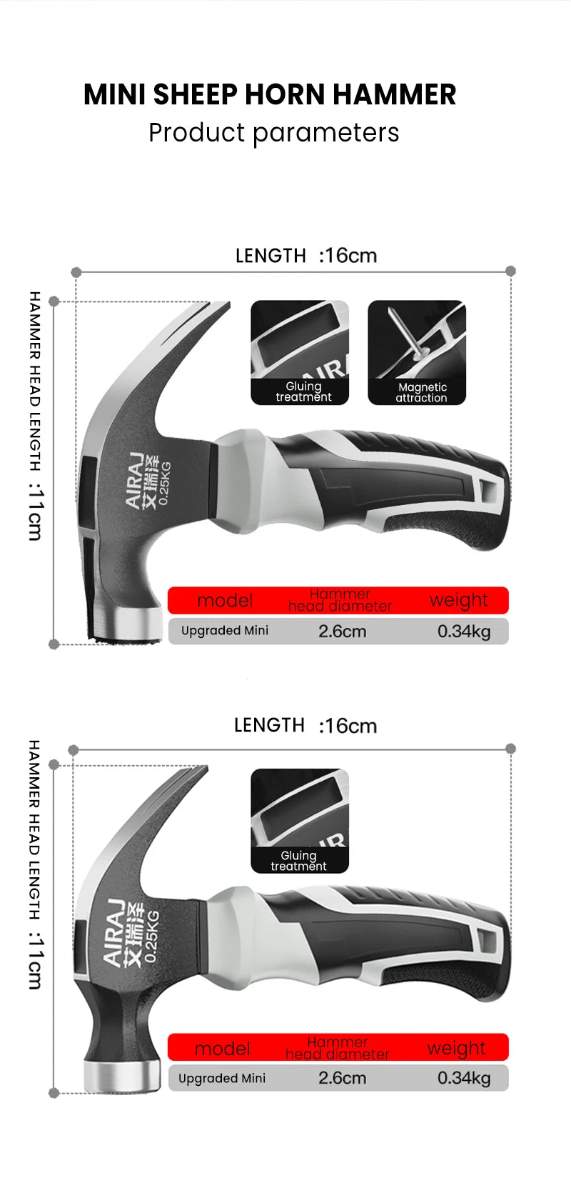 AIRAJ Mini Claw Hammer Anti-Slip Shockproof Handle