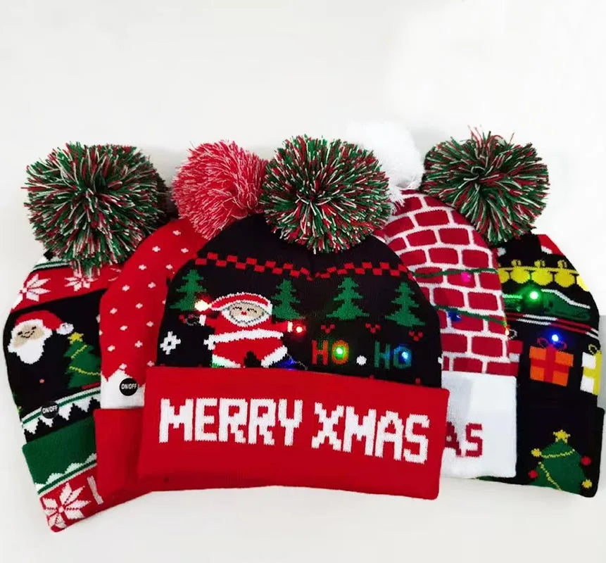 LED Christmas Hat Beanie Warm Light-Up Snowman Patterns