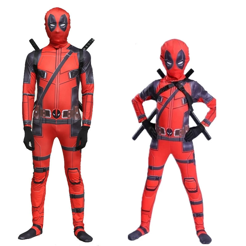 Adult Deadpool Costume Men Women Kids Mask Jumpsuit Set