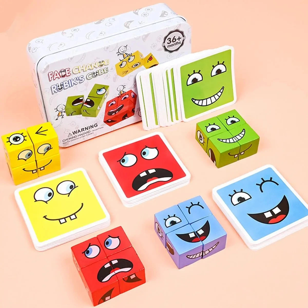 Kids Emotions Wooden Cube Face Changing Board Montessori Puzzle Game