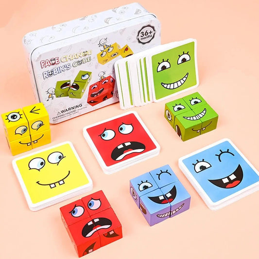 Kids Emotions Wooden Cube Face Changing Board Montessori Puzzle Game