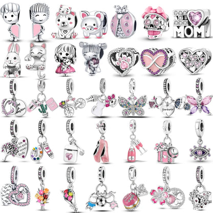 Pink Silver Plated Butterfly Flower Charm Beads for DIY