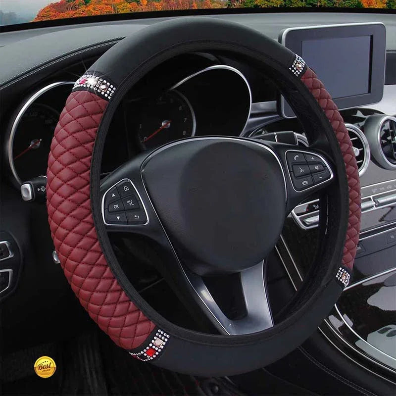 Universal Leather Diamond-Studded Steering Wheel Cover