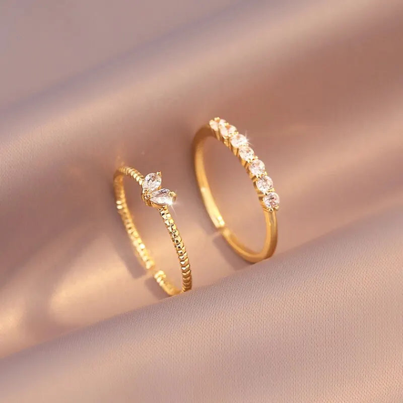 2pcs Gold Heart Zircon Rings Set Women’s Luxury Fashion