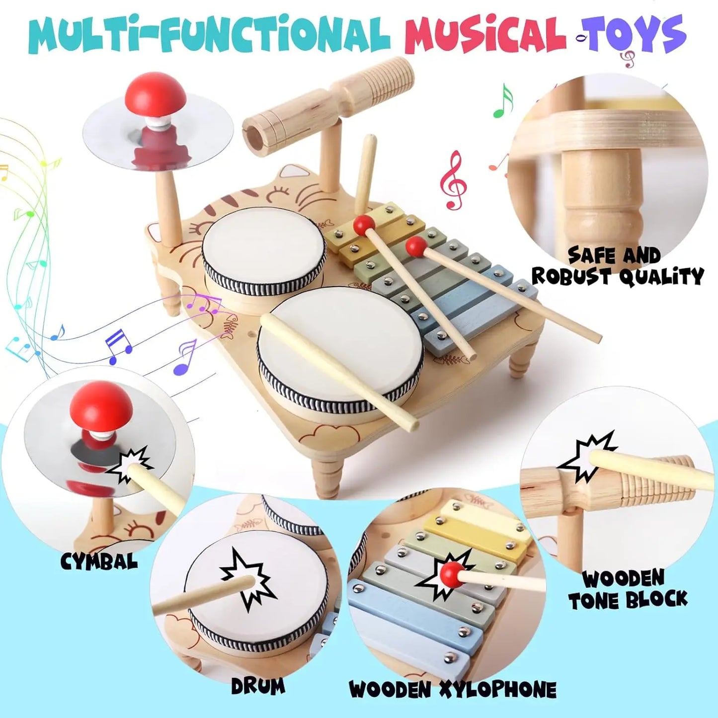 Wooden Xylophone & Drum Set