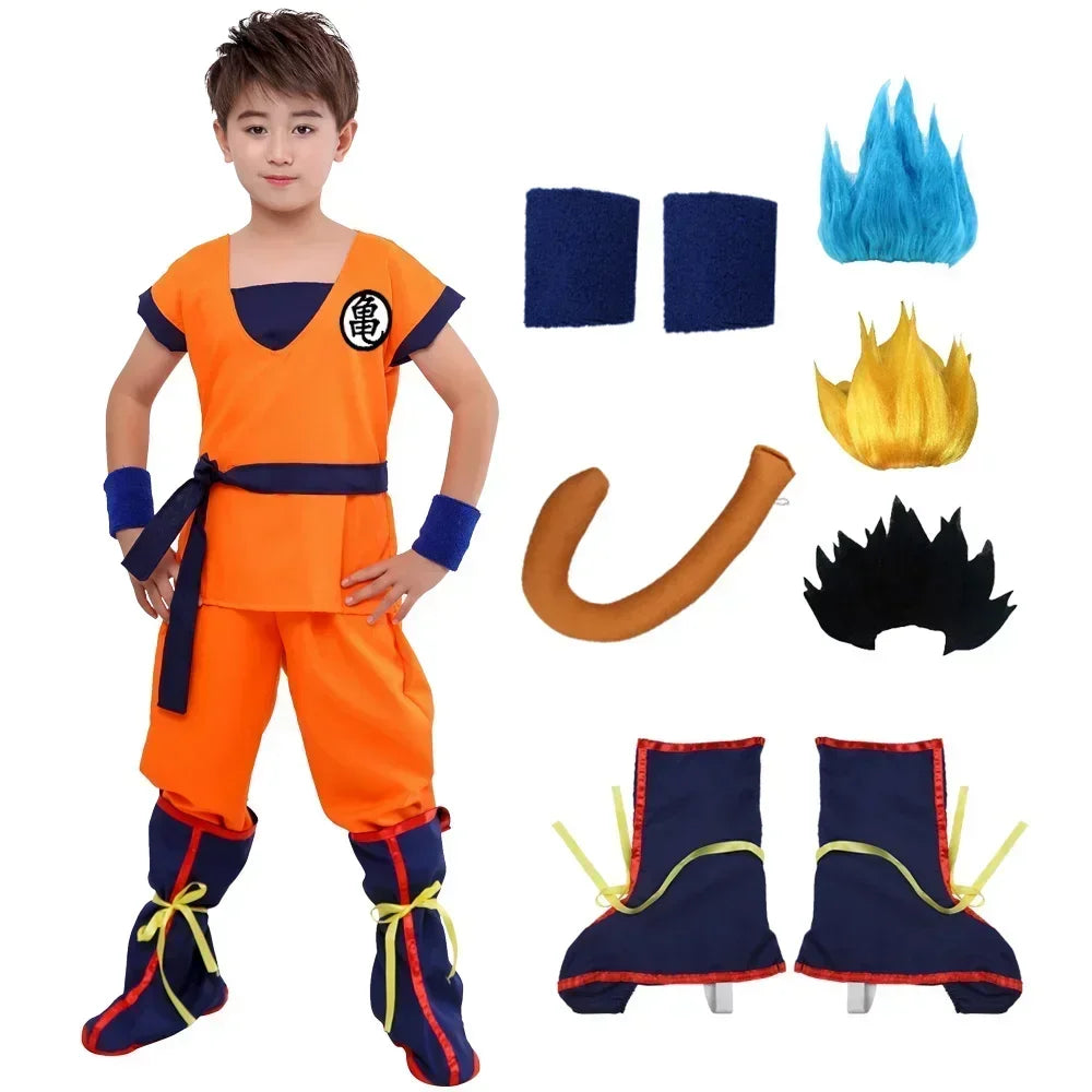 Halloween Adult/Kids Goku Costume Anime Wig Tail Set