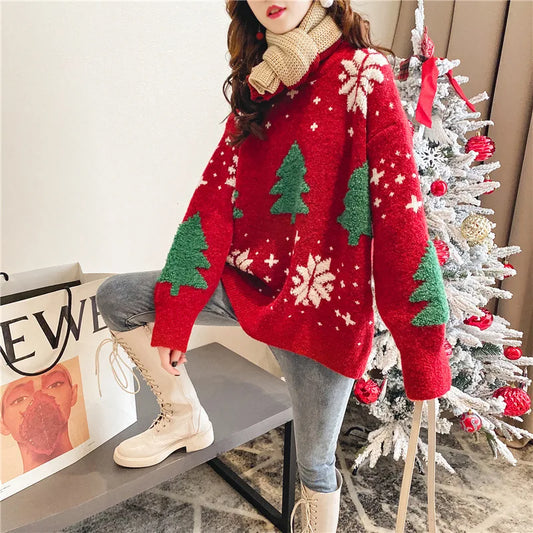 2024 Korean Thick Christmas Sweater Women Snowflake Hoodie